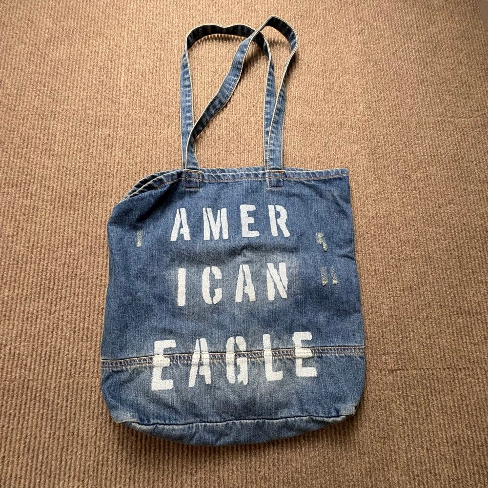 American Eagle Outfitters Blue Denim Tote Bag Distressed Logo Graphic Shopper
